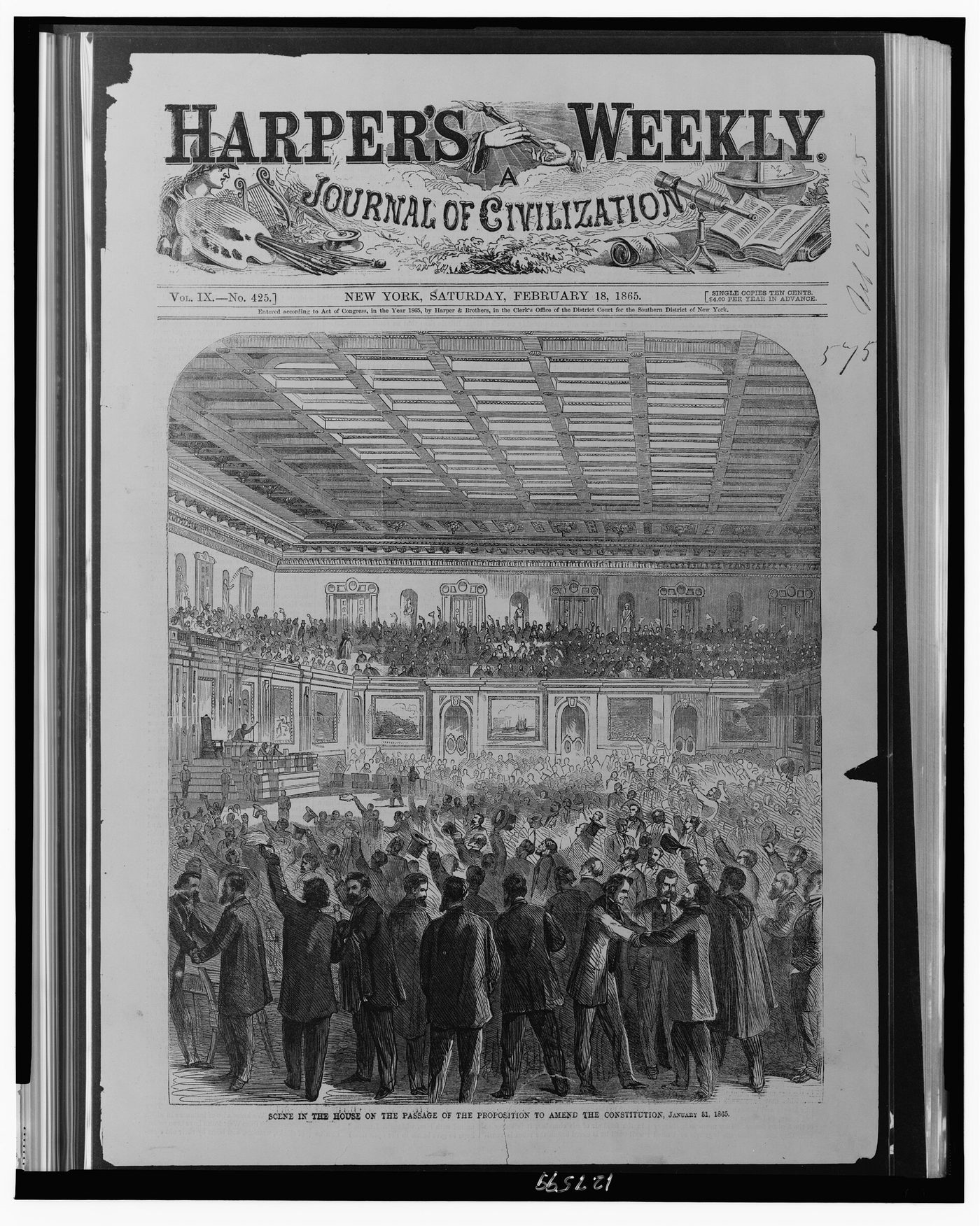 Engraving of the House of Representatives celebrating the passage of the Thirteenth Amendment, January 31, 1865